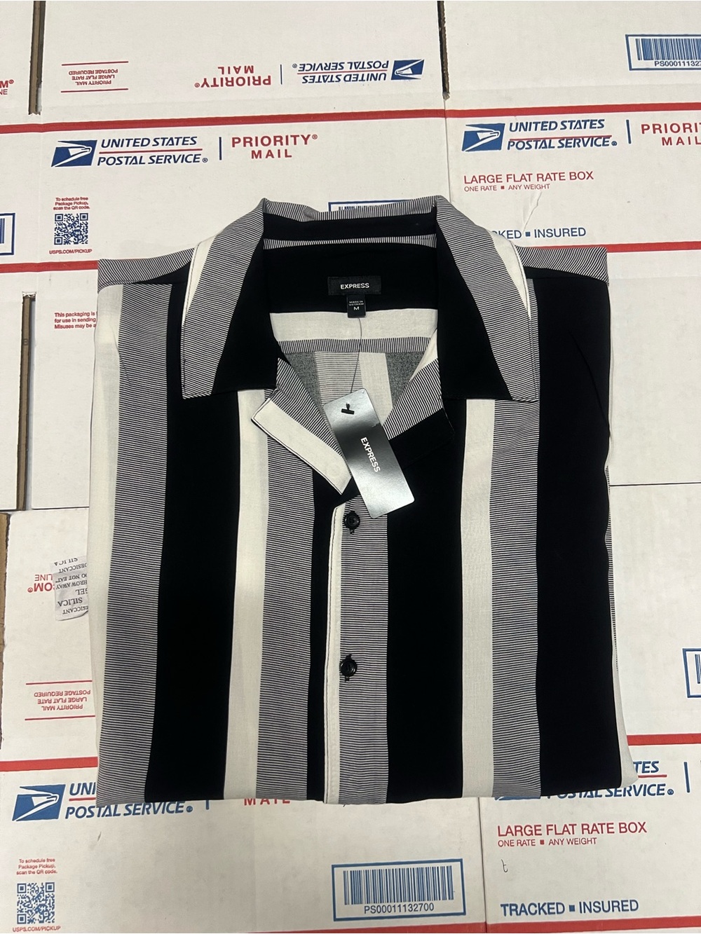Express Men's Black, Gray & White Vertical Stripe Button-Up Shirt